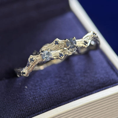 14k White Gold 3mm Blue Sapphire and 4pc Tiny Blue Sapphires on Custom Branches Ring, Both in Size 9.25