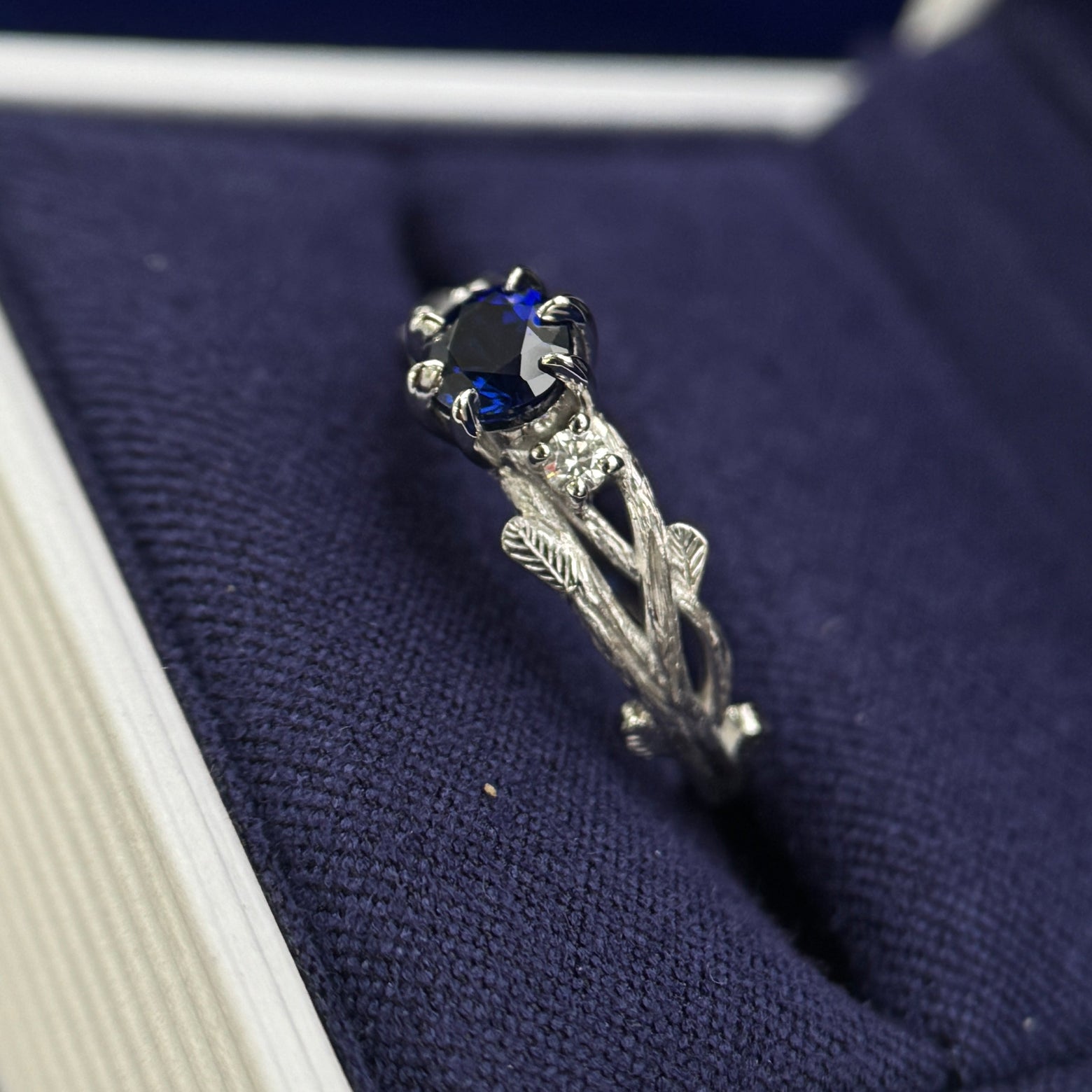 950 Platinum with 5mm Round Blue Sapphire with 2pc 2mm Round Diamonds Branches Custom Ring, size 6