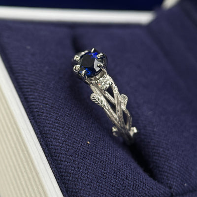 950 Platinum with 5mm Round Blue Sapphire with 2pc 2mm Round Diamonds Branches Custom Ring, size 6