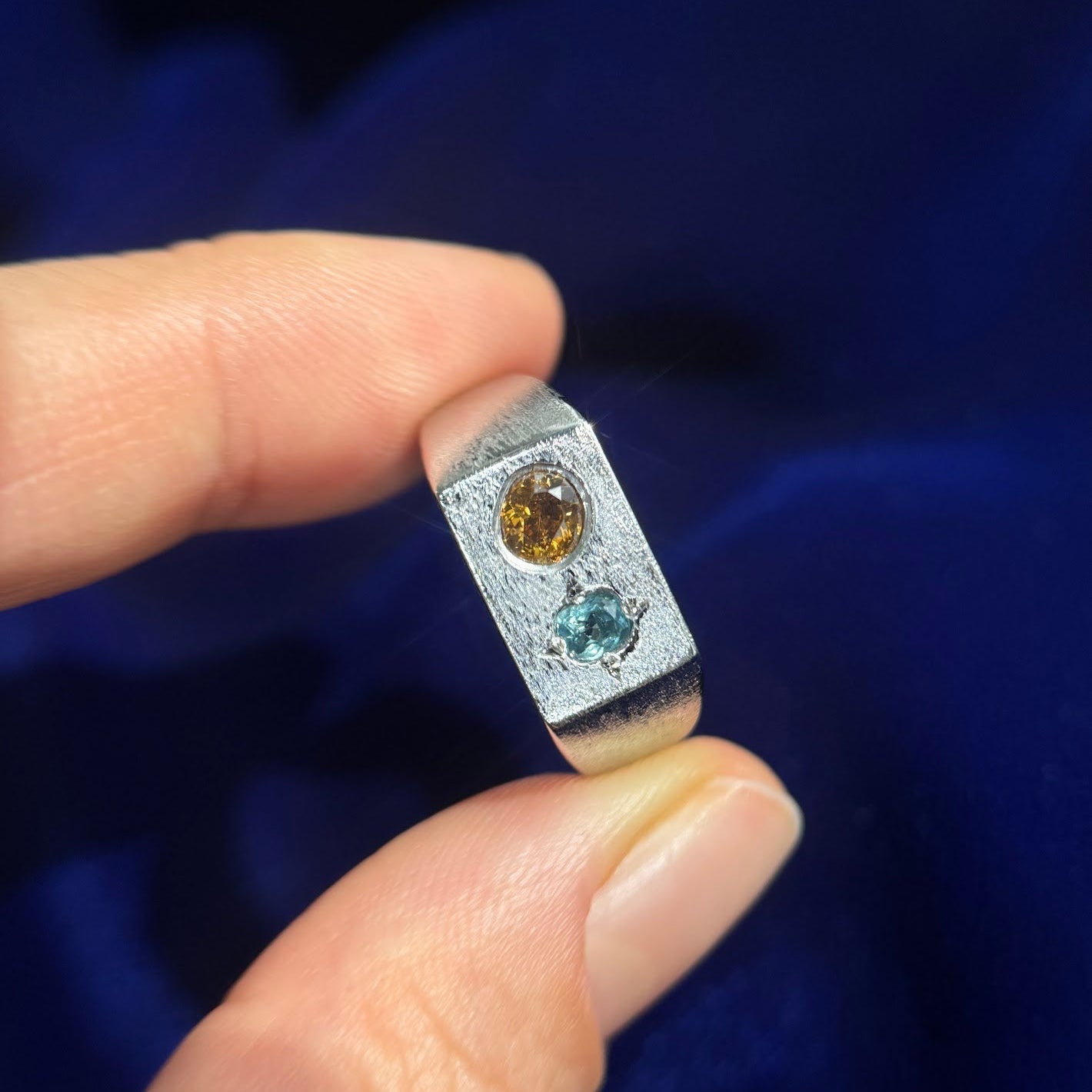 950 Platinum Brown Diamond and Blue Sapphire on Brushed Signet Custom Matching Rings