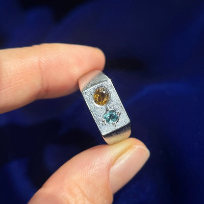 950 Platinum Brown Diamond and Blue Sapphire on Brushed Signet Custom Matching Rings