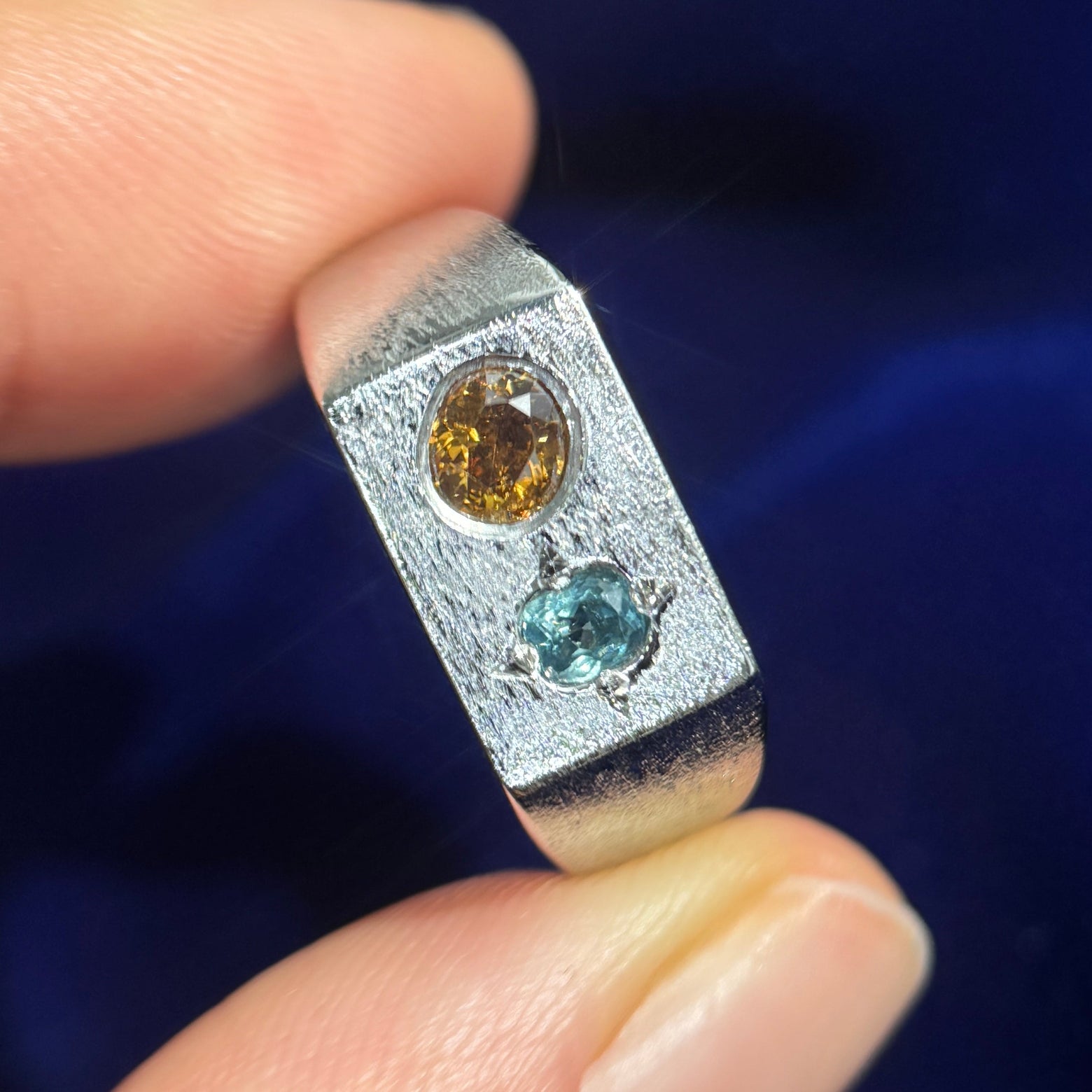 950 Platinum & Flash-set & 0.65ct Brown Diamond & Blue Sapphire on 8x12mm Top Tapered to 4mm Custom Signet Ring, size 7.5