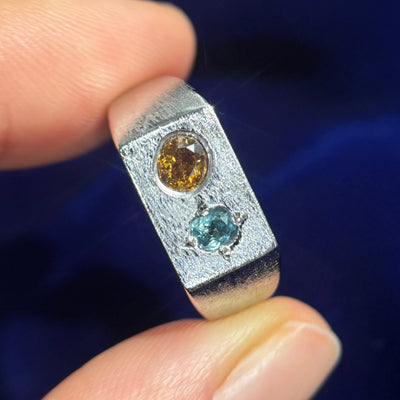 950 Platinum & Flash-set & 0.65ct Brown Diamond & Blue Sapphire on 8x12mm Top Tapered to 4mm Custom Signet Ring, size 7.5