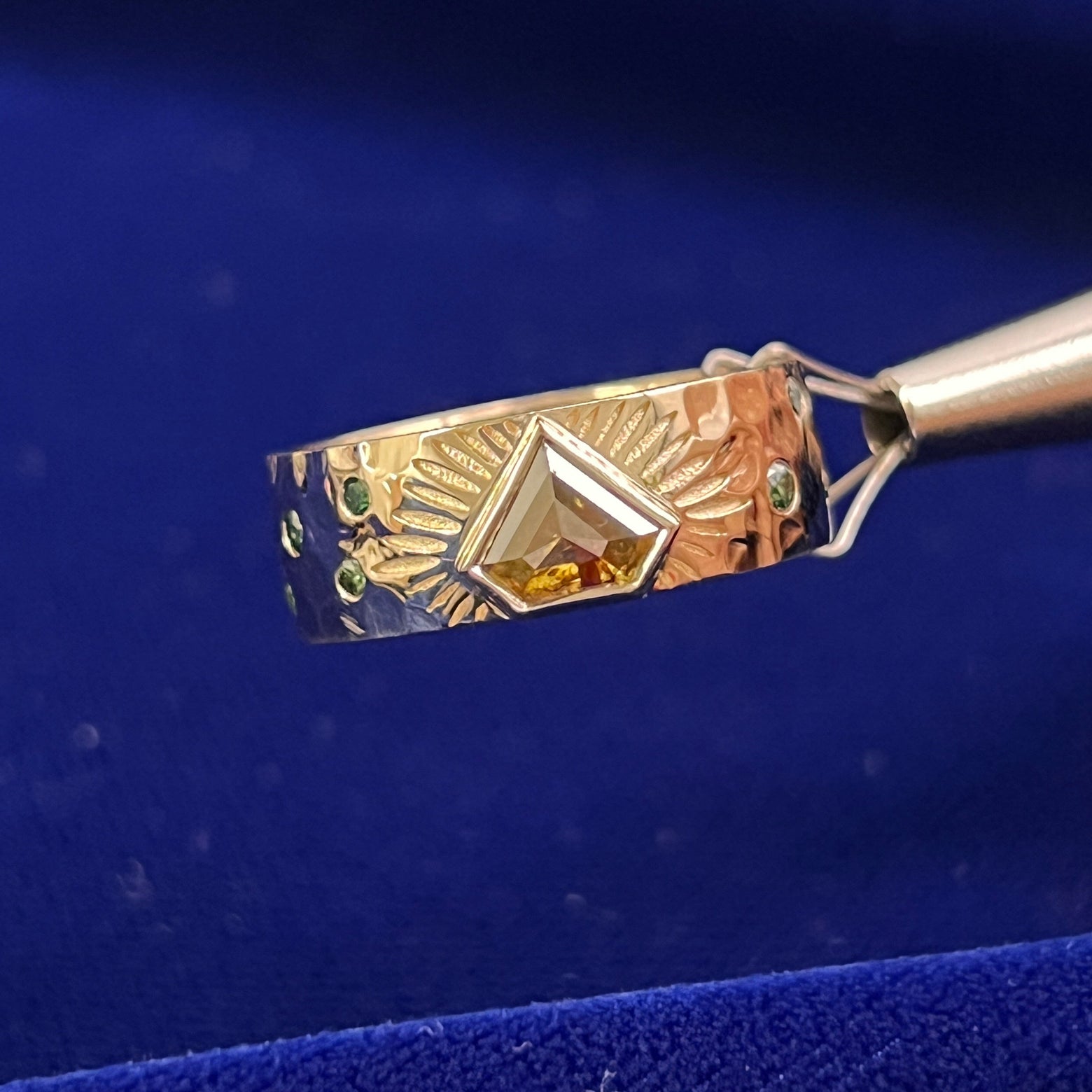 14k Yellow Gold 1ct Shield-cut Brown Salt and Pepper Diamond with Small Round Green Diamonds on Hammered Finish Thick Sunrays Band Custom Ring, size 9