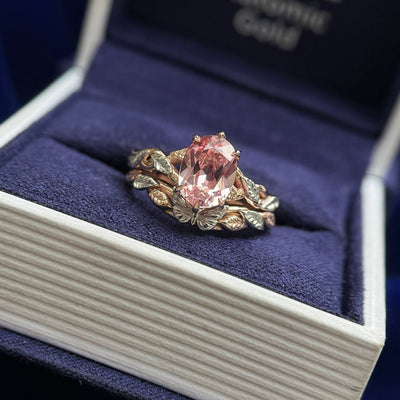 14k Rose Gold and 8x6mm Oval Pink Lab Sapphire on Carved Vine Band with 950 Platinum Textured Leaves Custom Ring and 14k Rose Gold Carved Vine Band with 950 Platinum Butterfly and Textured Leaves Custom Nesting Band, both in size 6