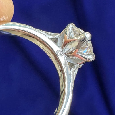 950 Platinum with 6-Heart-Petal-Cathedral-set 1.5ct Barion-Oval Lab Diamond set on Band engraved with Stars, Leaves Custom Ring, size 5.25