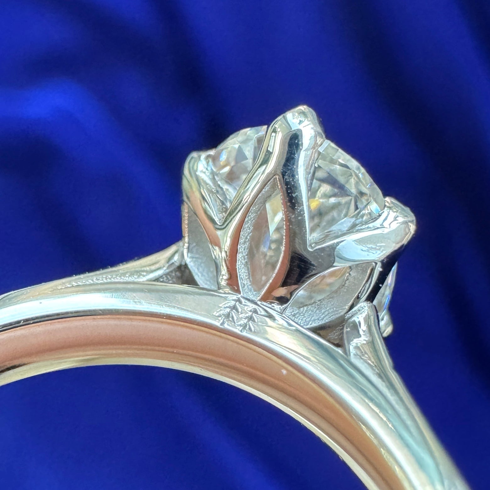 950 Platinum with 6-Heart-Petal-Cathedral-set 1.5ct Barion-Oval Lab Diamond set on Band engraved with Stars, Leaves Custom Ring, size 5.25