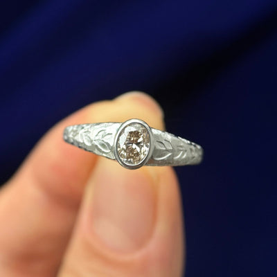 14k White Gold Oval Natural Diamond on Textured Tapered Band Custom Ring