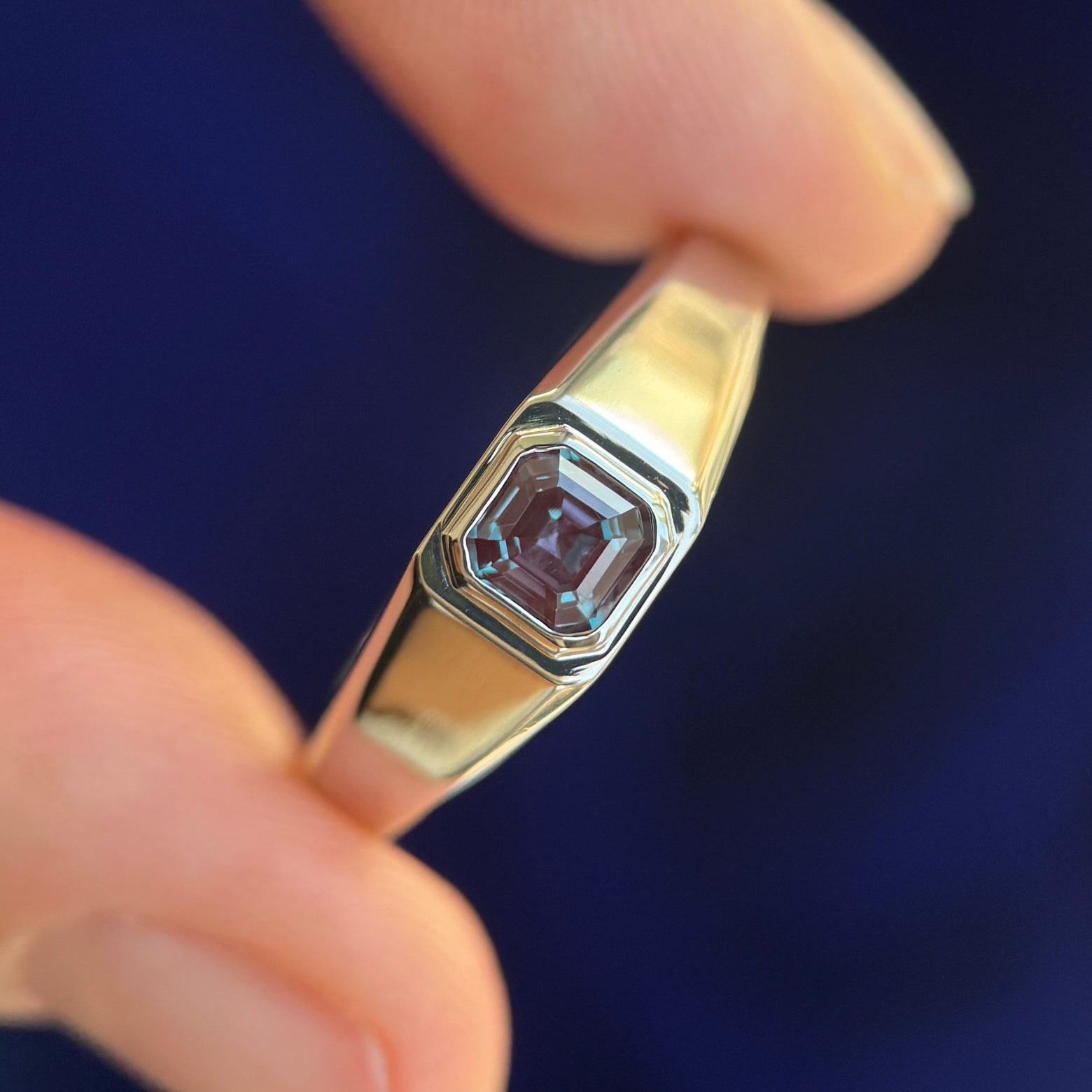 14k Champagne Gold with 5mm Asscher Alexandrite Signet Ring, size 9.75