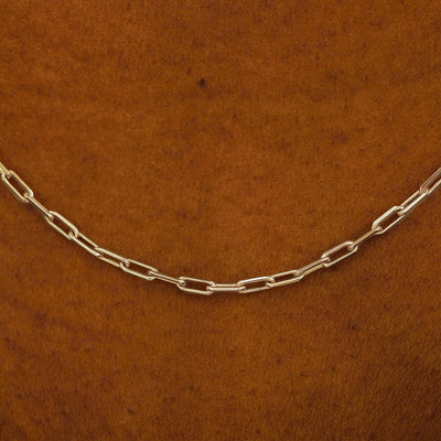 Close up view of a model in a white shirt wearing a solid champagne gold Butch Chain