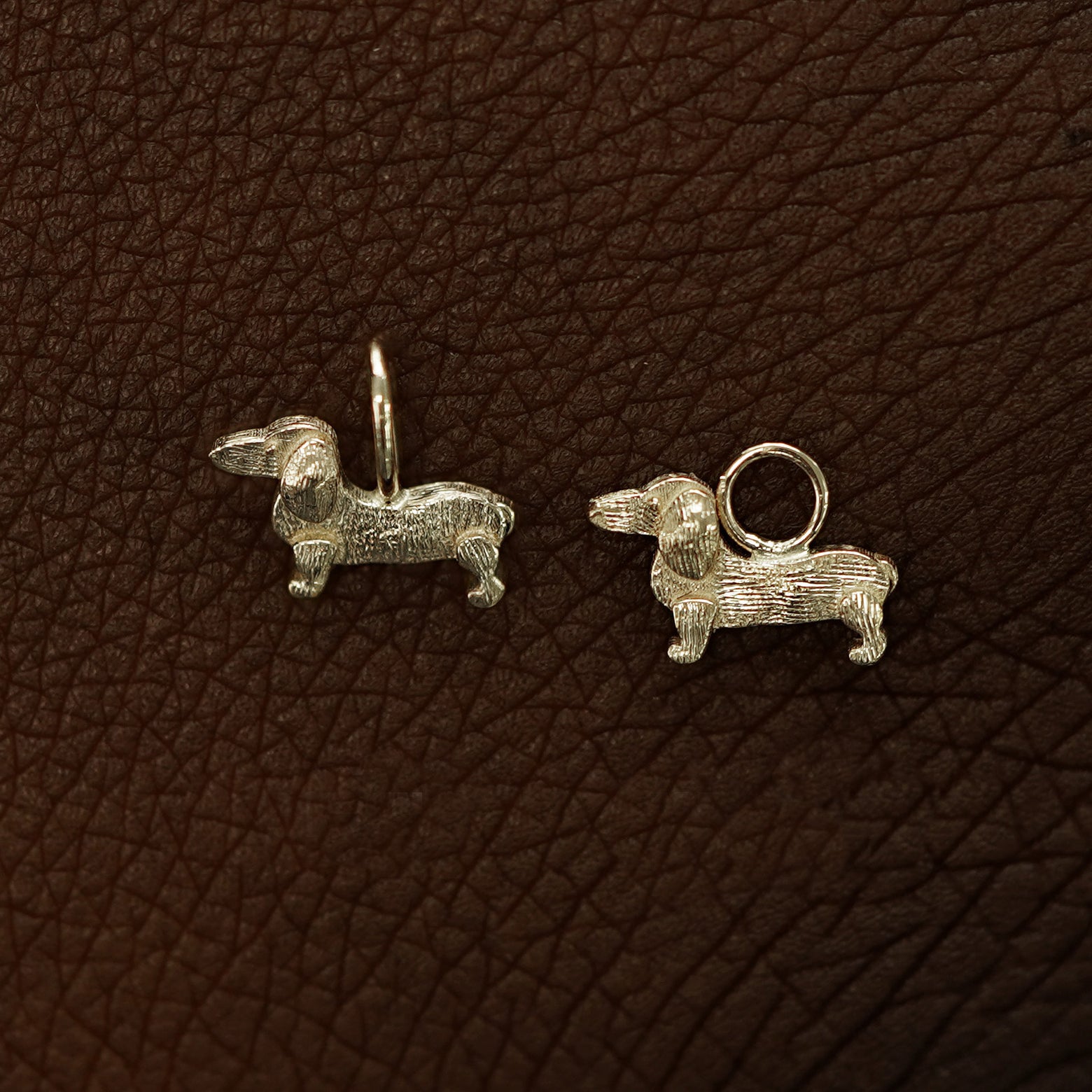 Two 14 karat Champagne solid gold Dog Charms shown in the For Chain and For Earring options