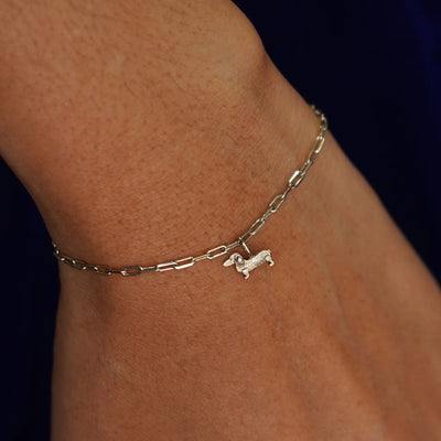 Close up view of a model's wrist wearing a champagne gold Infinity Dog on a Butch Bracelet