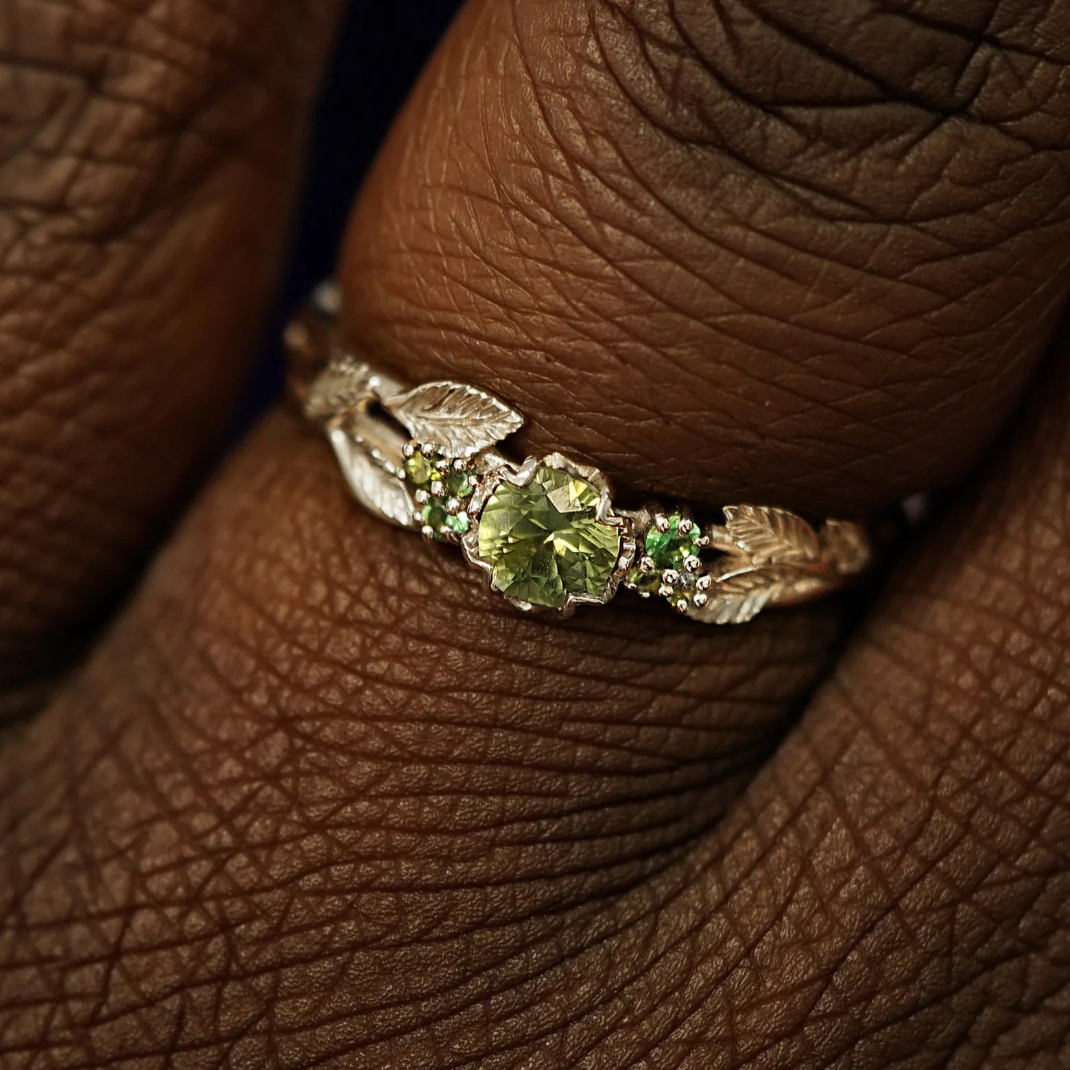 Green Sapphires Leaves and Vines Ring