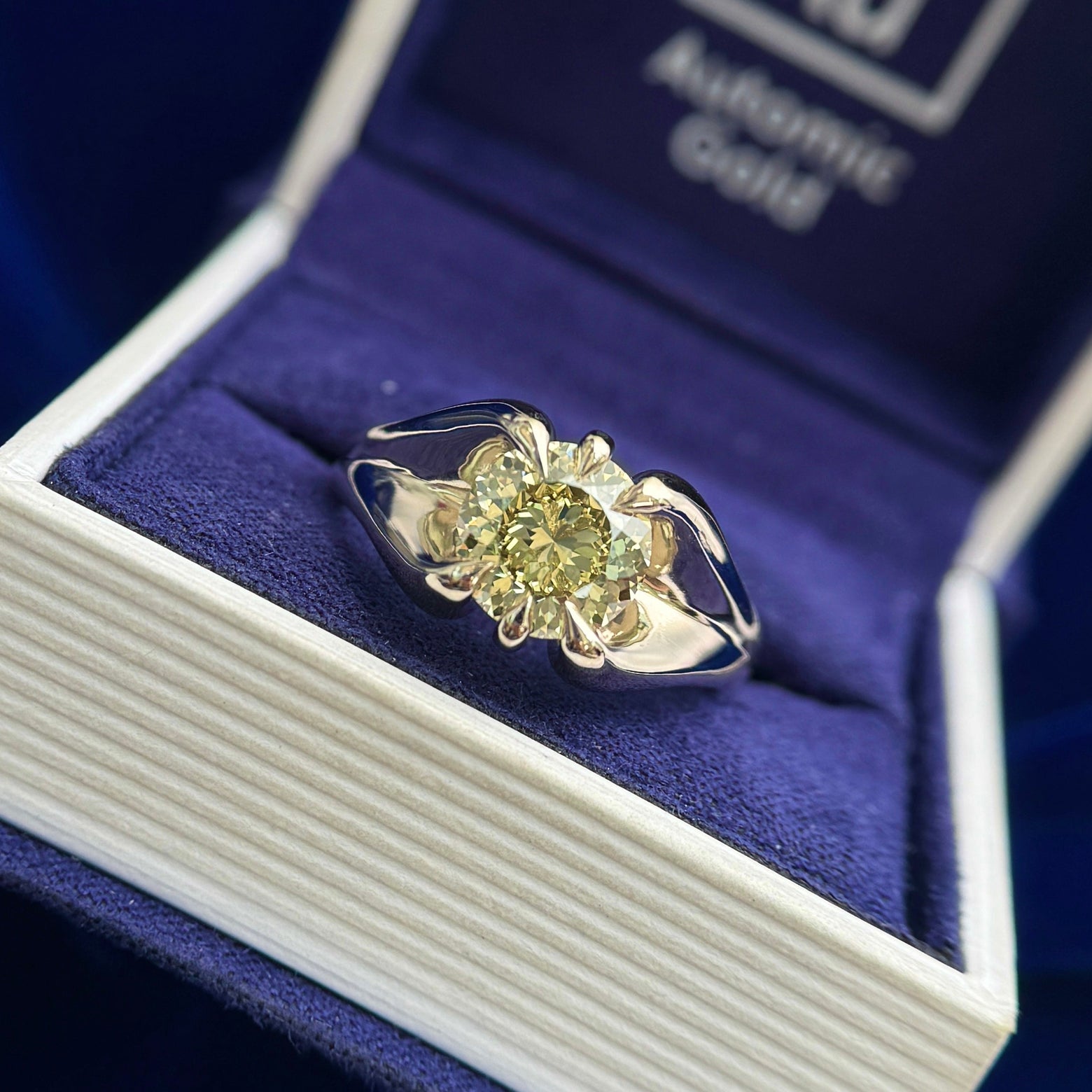 14k Champagne Gold and Customers 8.5mm Green Diamond 6-claw-prong set into Tapered Mirror Band Custom Ring, size 8.5