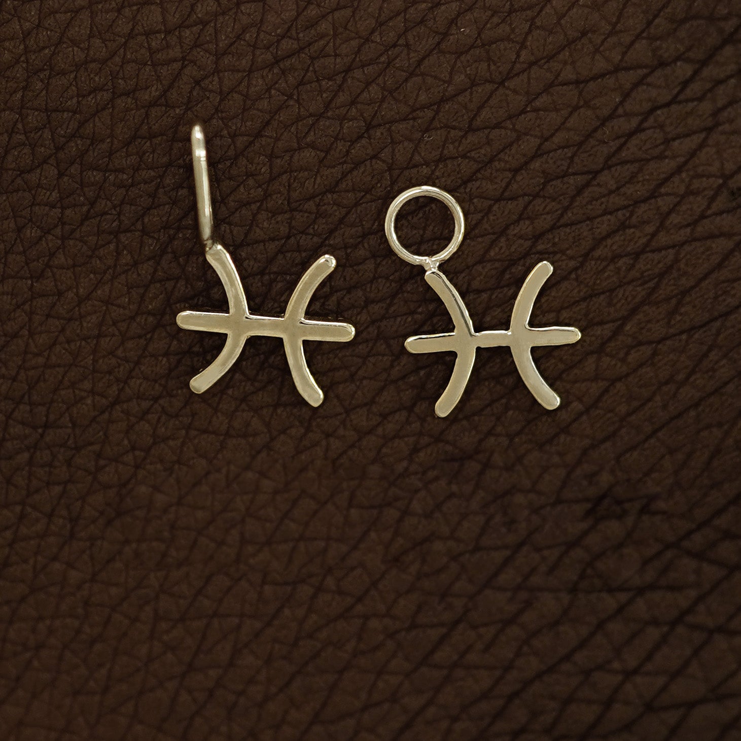 Two 14 karat Yellow Champagne gold Pisces Horoscope Charms shown in the For Chain and For Earring options