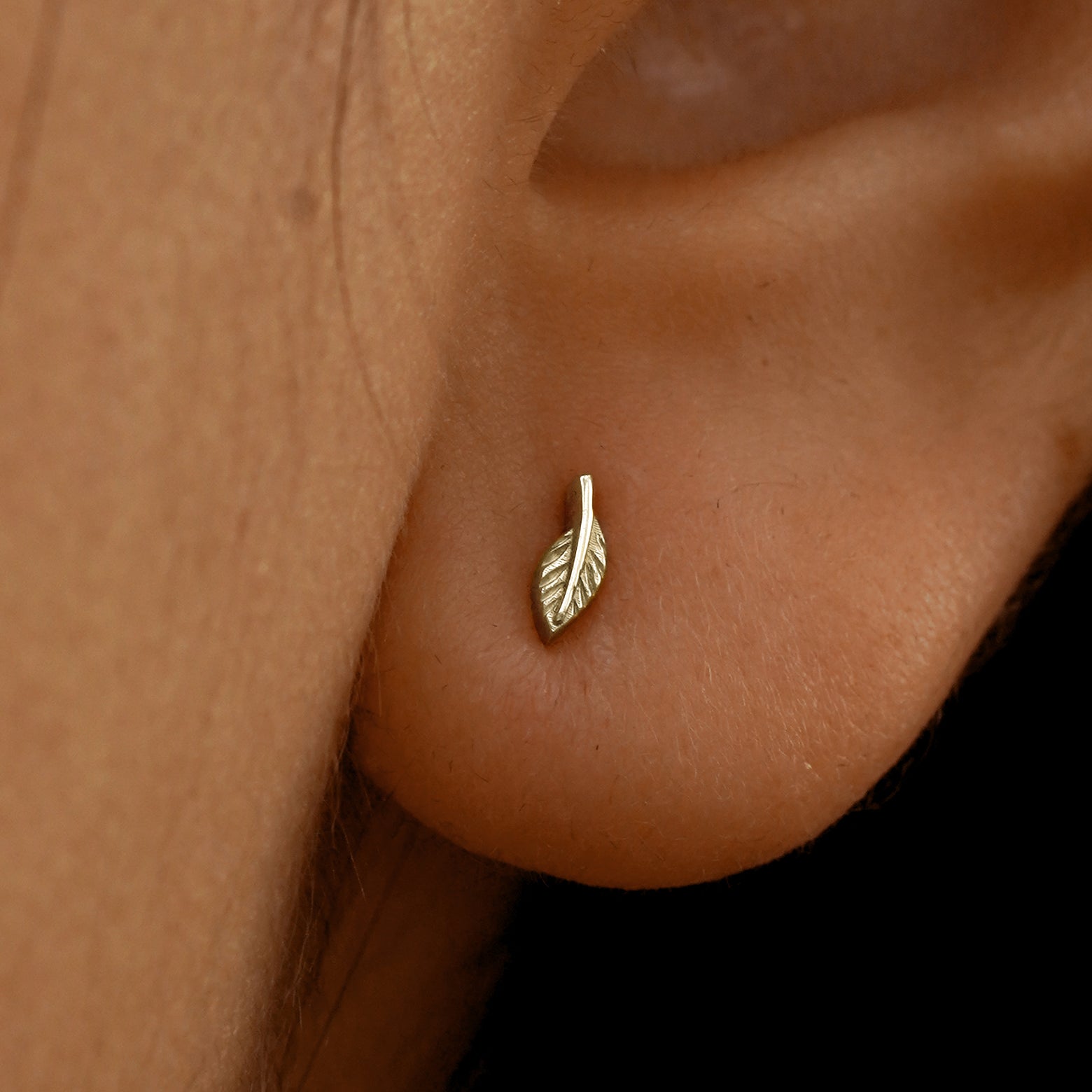 Close up view of a model's ear wearing a 14k champagne gold Mini Leaf Earring