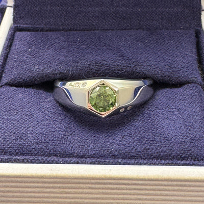 950 Platinum and Flush-hexagon-set 5mm Green Round Diamond on Chunky Signet with 4 flush-set Tiny Clear Diamonds Custom Ring, size 6.5