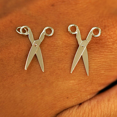 Two 14 karat Champagne solid gold Scissors Charms shown in the For Chain and For Earring options