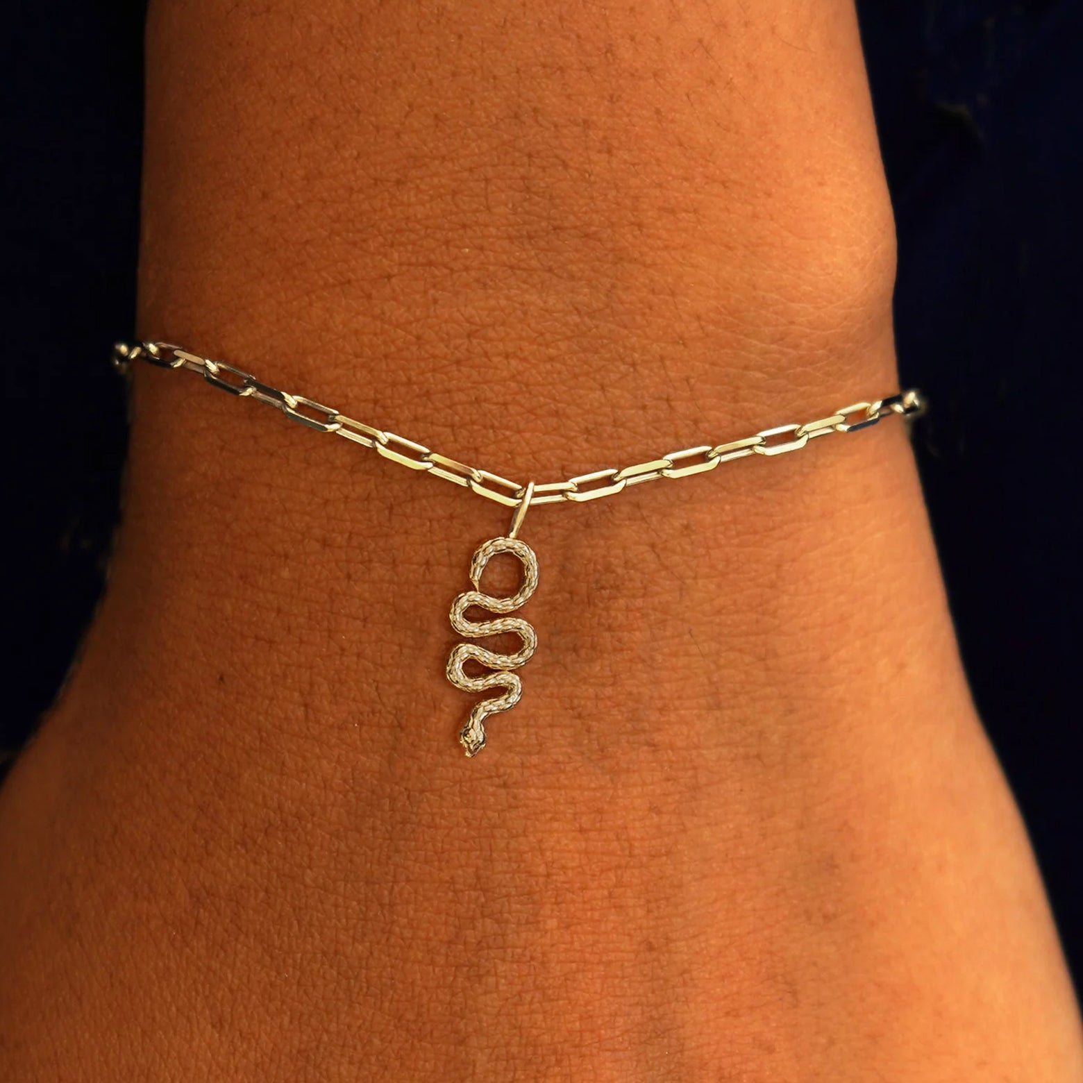 Close up view of a model's wrist wearing a champagne gold Snake Charm on a Butch Chain Bracelet