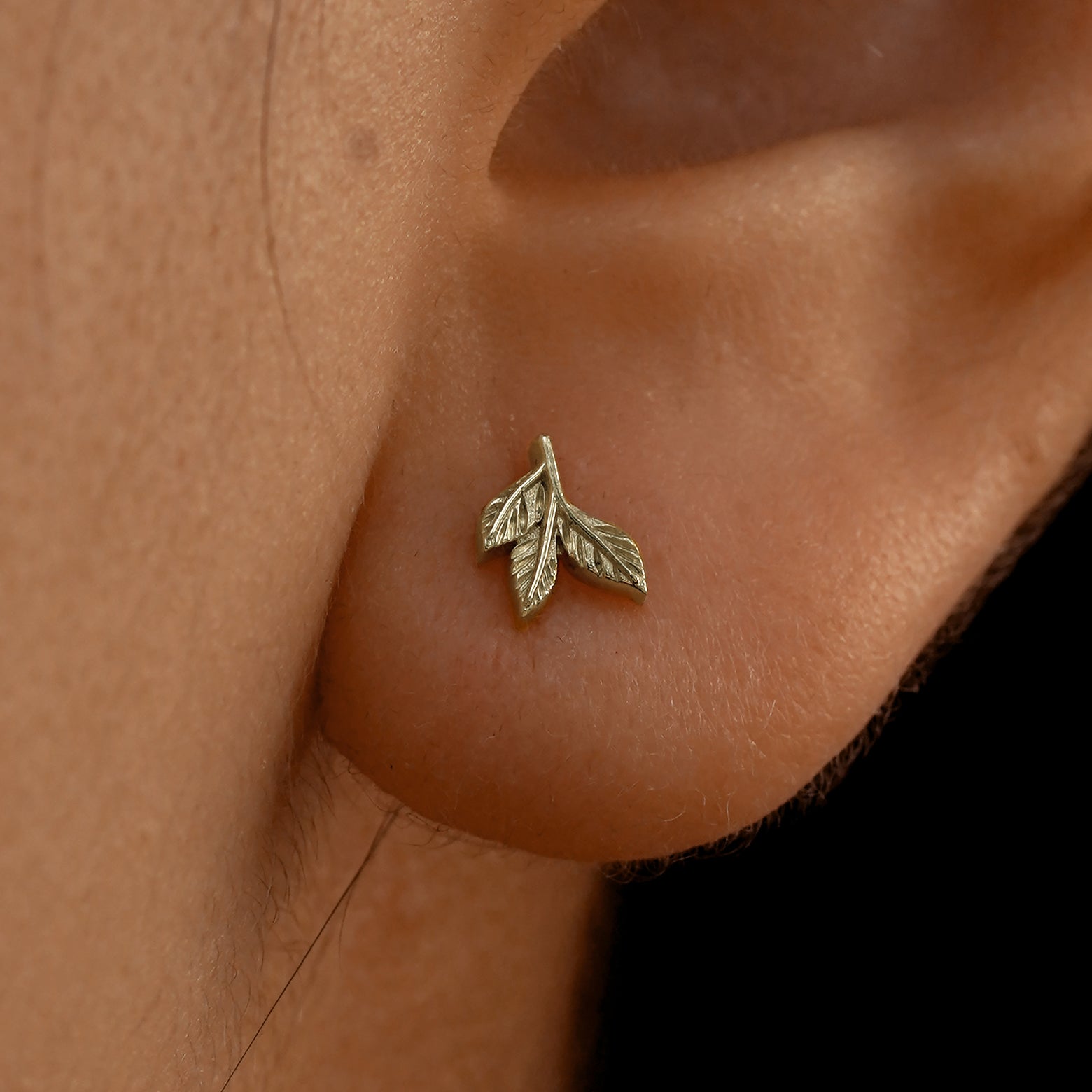 Close up view of a model's ear wearing a 14k champagne gold 3 Leaves Earring
