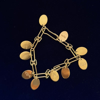 14k Yellow Gold Oval Links Custom Bracelet with 12pc 9x12.5mm Engraved Disk Charm, 6.5"