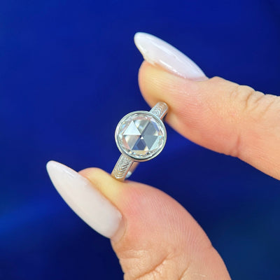 14k White Gold Round Rose Cut Lab Diamond on Engraved Band Custom Ring