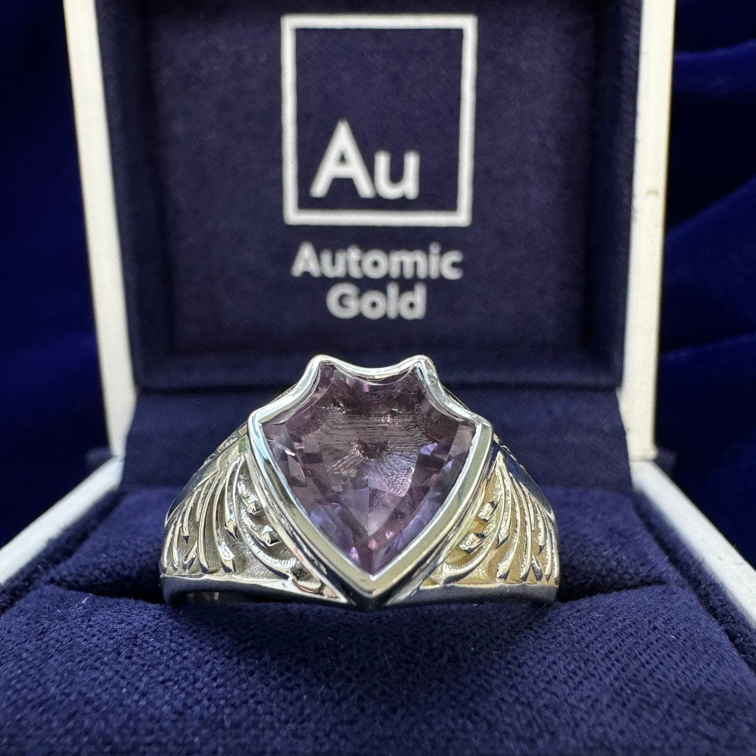 925 Sterling Silver 10mm Shield Cut Citrine with Moon Engravings and 10mm Shield Cut Amethyst with Sun Engraving Custom Matching Rings
