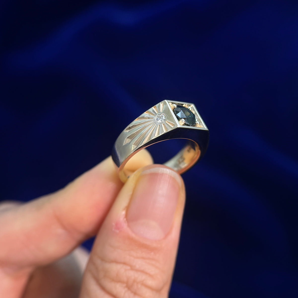 14k Yellow Gold and Square low set 1ct Round Teal Sapphire with Small Clear Lab Diamonds on Chunky Signet Engraved Band Custom Ring, size 6