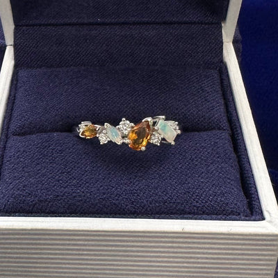 14k White Gold with Marquise and Pear Citrine and Marquise and Baguette Opal and Round Moissanites Custom Cluster Ring, size 6