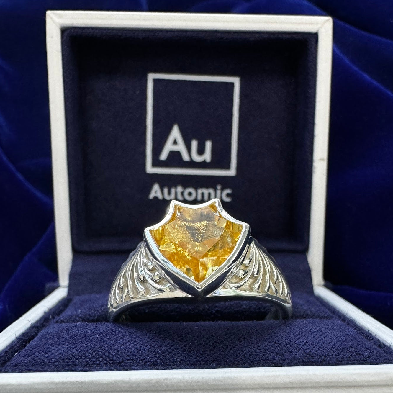 925 Sterling Silver 10mm Shield Cut Citrine with Moon Engravings and 10mm Shield Cut Amethyst with Sun Engraving Custom Matching Rings