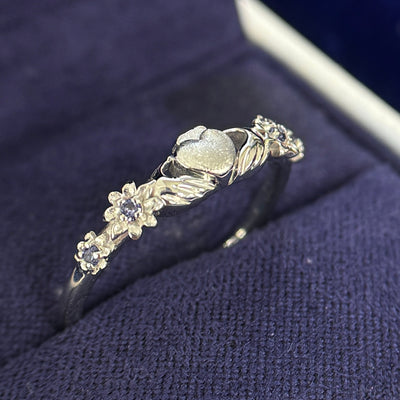 14k White Gold Claddagh in the center with Hyacinth Flowers on sides with Tiny Purple Sapphires inside Custom Ring, 5 gram, Size 7