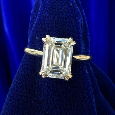 14k Yellow Gold Double Claw Prongs Set Emerald Cut Diamond on 2mm Band Custom Engagement Ring