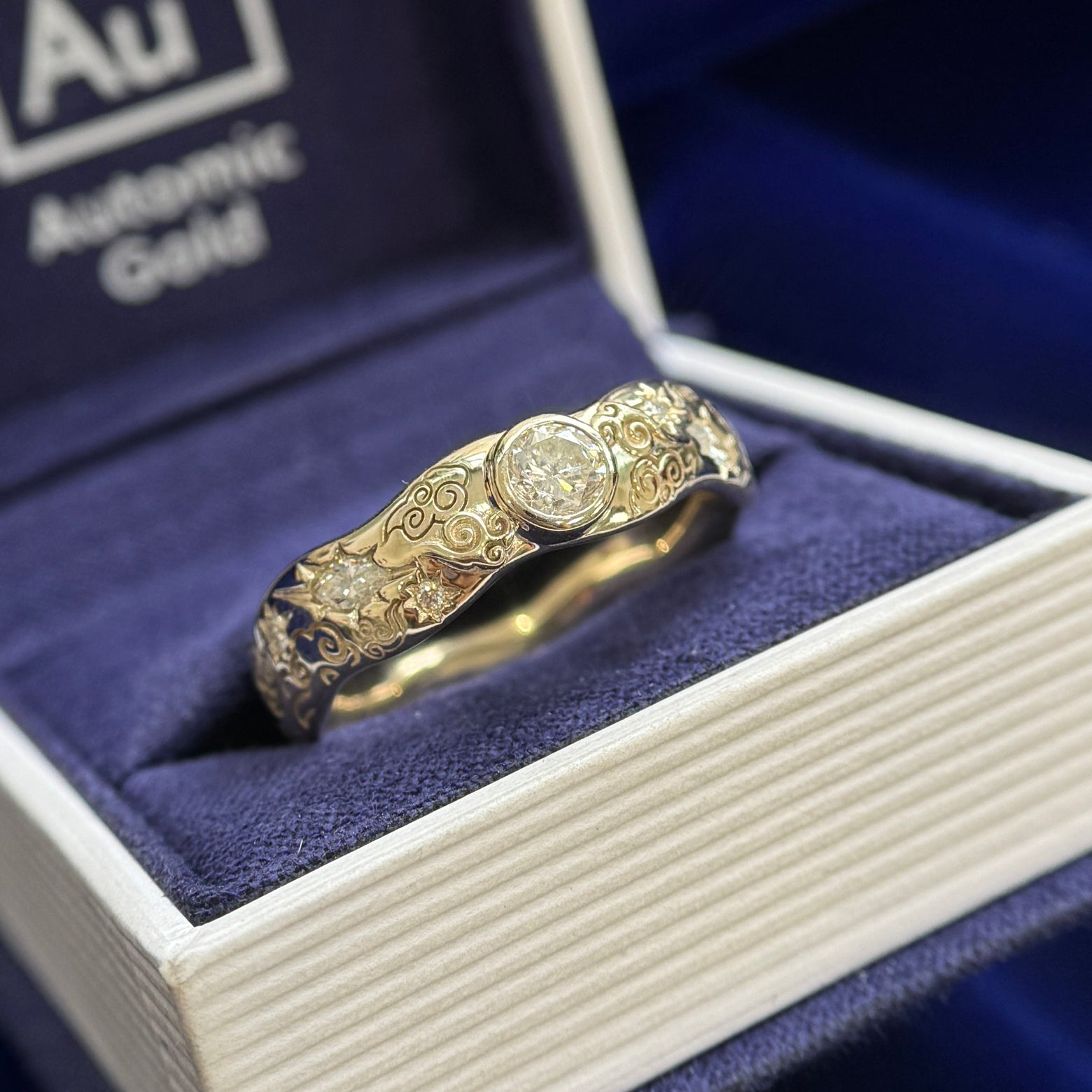 18k Yellow Gold & Bezel-set Customer's Bigger Round Diamonds & Small Customer's Round and Marquise Diamonds Star-set & Stars Engraved on 6mm Wavy Band Custom Ring, size 11.5
