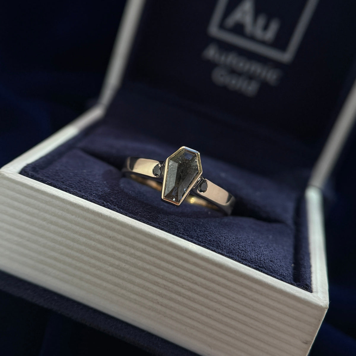 14k Yellow Gold and Bezel-High-set Custom-cut Coffin-shaped Salt-and-pepper Diamond on 3mm Mix Mirror Band Custom Ring, size 6