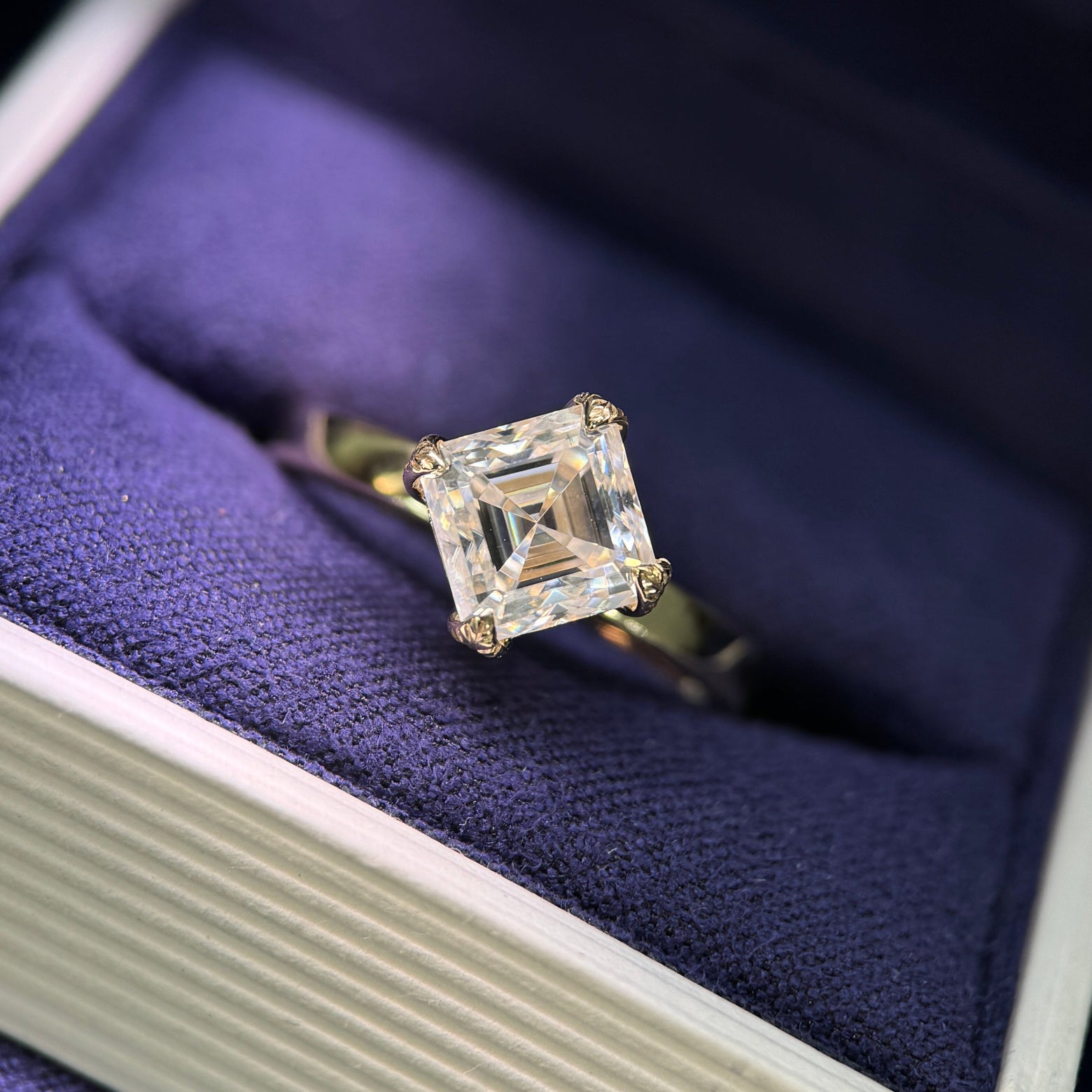 14k Yellow Gold and Triple-claw-prongs High-compass-set 7mm 2ct Asscher Moissanite on 2.5mm Mix Mirror Band Custom Ring, size 7