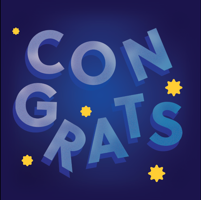 A digital gift card from Automic Gold with the word Congrats and yellow stars on a blue background