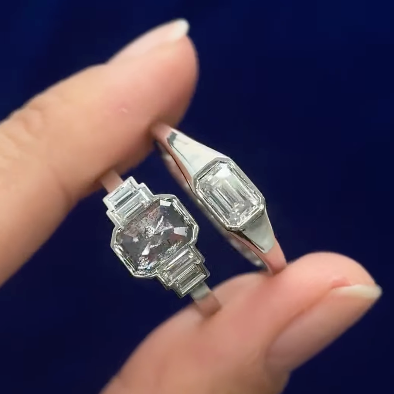 950 Platinum and 1.41ct Emerald-cut Salt and Pepper Diamond with Lab Diamonds Couples Matching Rings Set, Size 6.5 and 9
