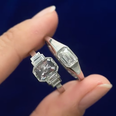 950 Platinum and 1.41ct Emerald-cut Salt and Pepper Diamond with Lab Diamonds Couples Matching Rings Set, Size 6.5 and 9
