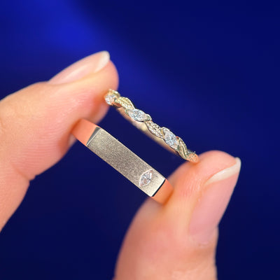 14k Gold and Marquise Lab Diamonds on Leaves and Rectangle Signet Matte Band, Size 7.25 and 5.75, Corresponding Rings for Couple