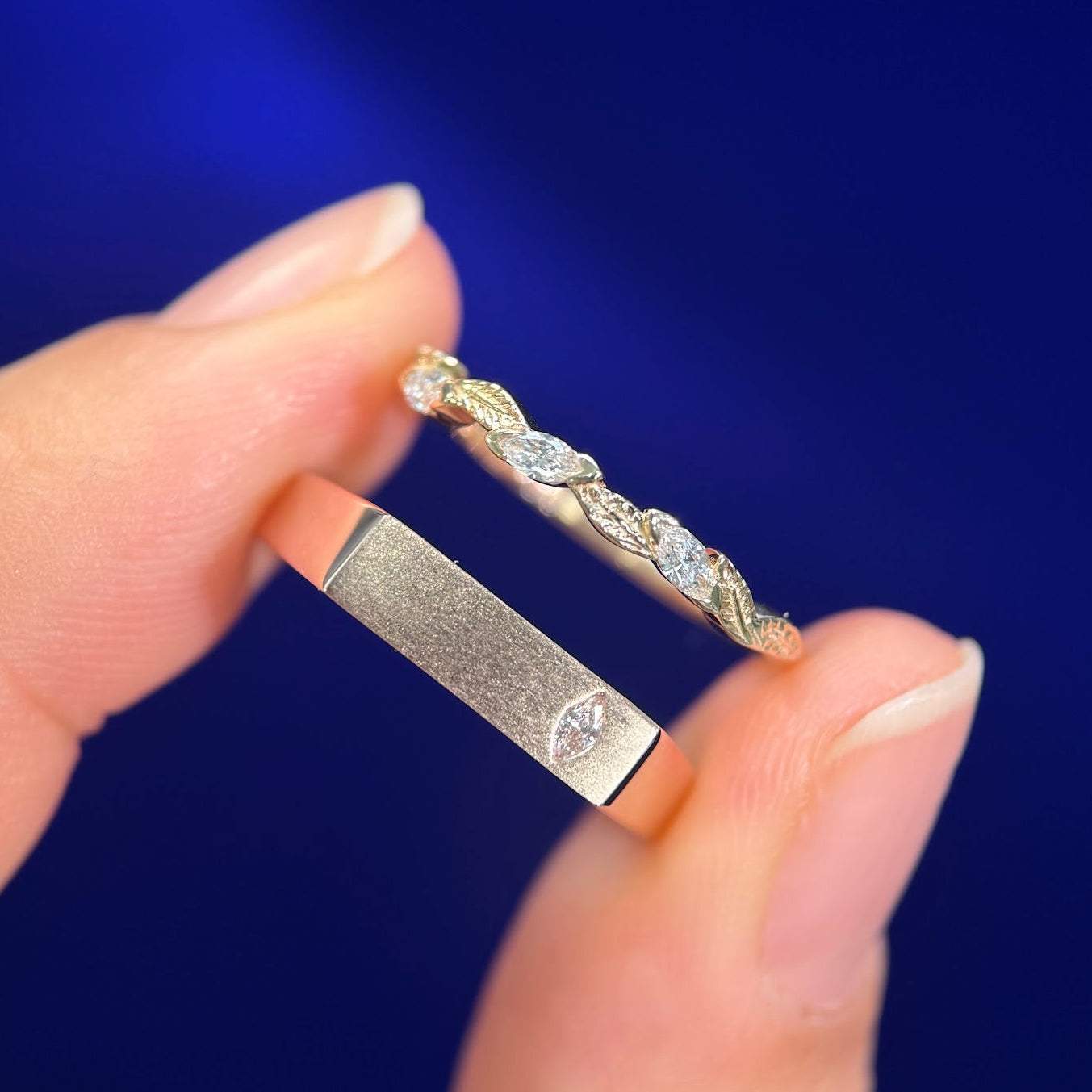 14k Yellow Gold and Marquise Lab Diamonds Leaves and Rectangular Signet Couples Matching Wedding Rings Set, Size 5.75 and 7.25