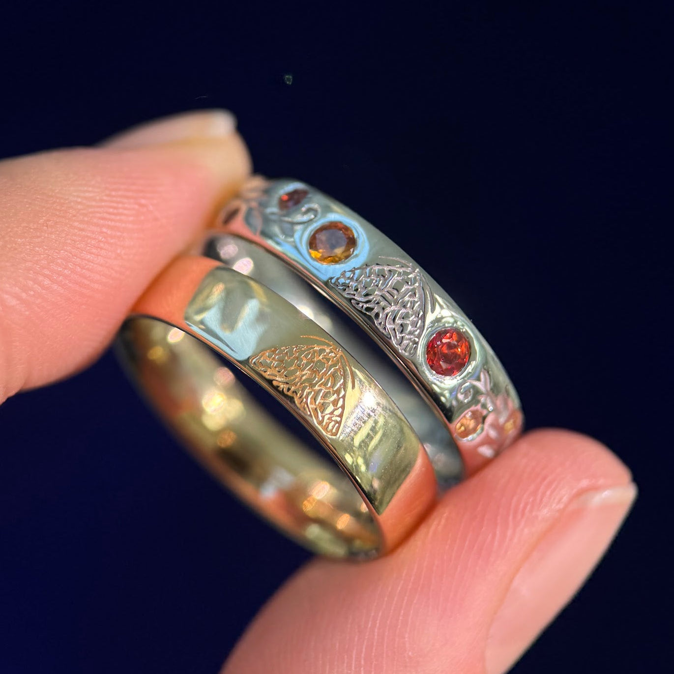 14k Yellow Gold and Platinum with Sapphires Moth and Vines Engraved Custom Couples Matching Rings Set, Size 9.5 and 10.5