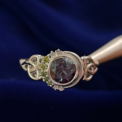 14k Champagne Gold Round Lab Alexandrite with Cresent Moon Stars and Green Sapphires Gradient Celtic Knot Band Custom Ring