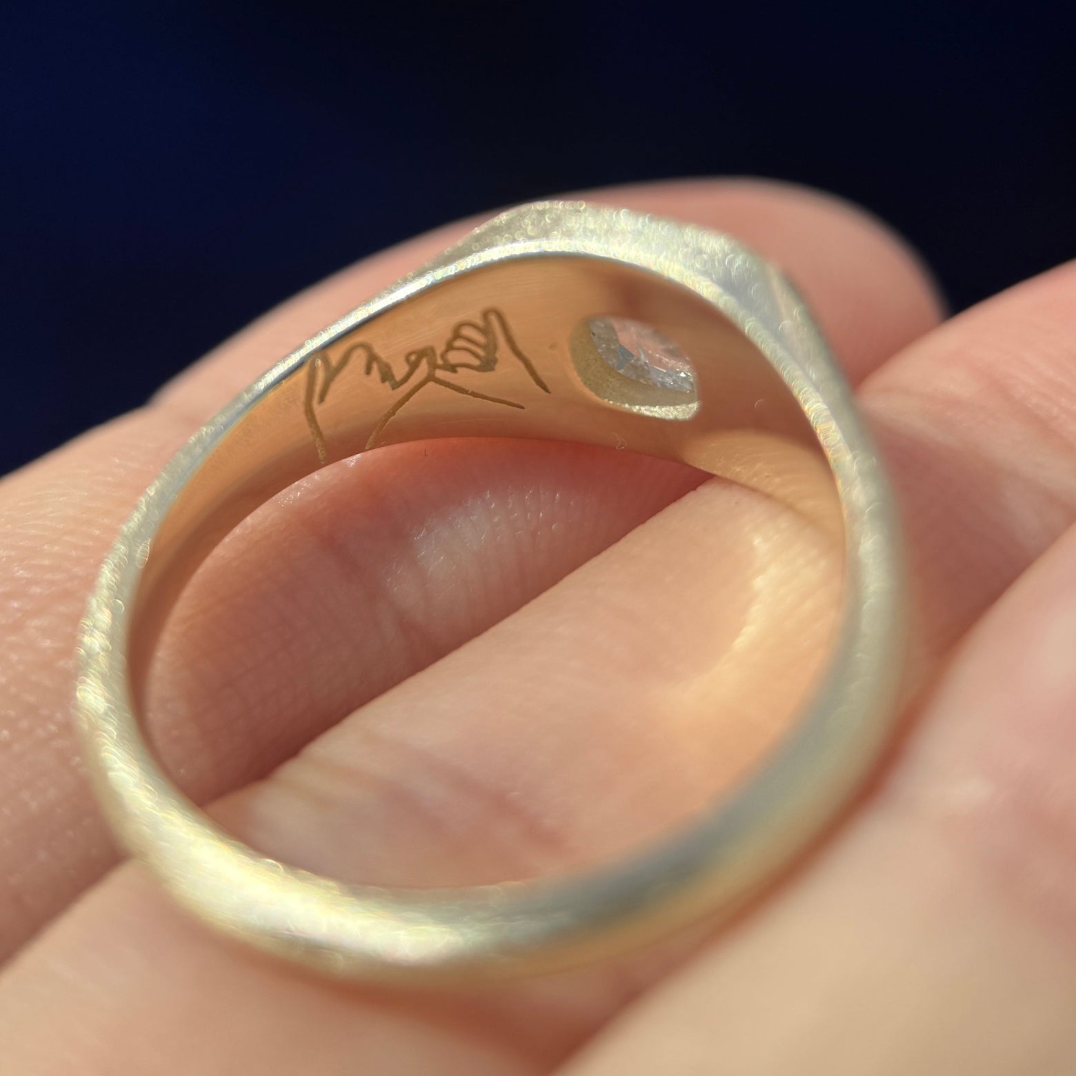 14k Yellow Gold Cushion Salt and Pepper Diamond Signet Ring with Custom Engraving inside the Band, size 9.5