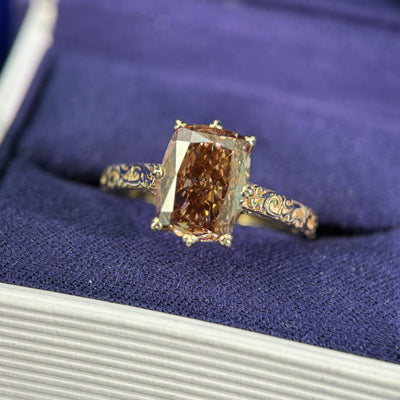 14k Yellow Gold and 4.65ct Elongated Cushion Champagne Lab Diamond on Filigree Engraved Band three fourth around Custom Ring, 7 gram, size 8.75