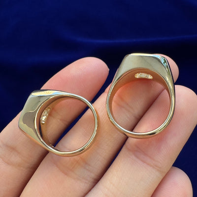 14k Yellow Gold and 2.7ct Cushion Lab Diamond Asymmetrical Signet Tapered to 3mm Band Custom Ring, size 3.5 and 4.75