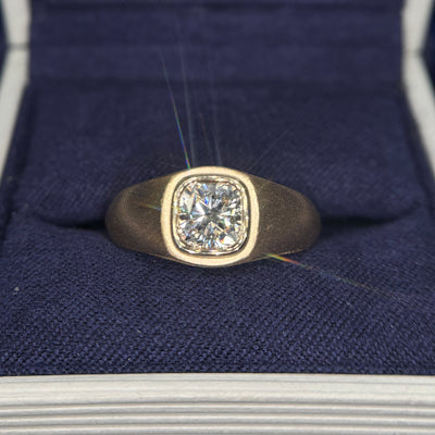 14k Yellow Gold 6x6mm Cushion Lab Diamond Custom Signet Ring, 6 grams, Size 7.25
