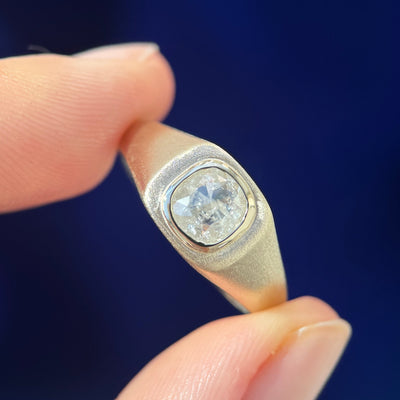 14k Yellow Gold Cushion Salt and Pepper Diamond Signet Ring with Custom Engraving inside the Band, size 9.5