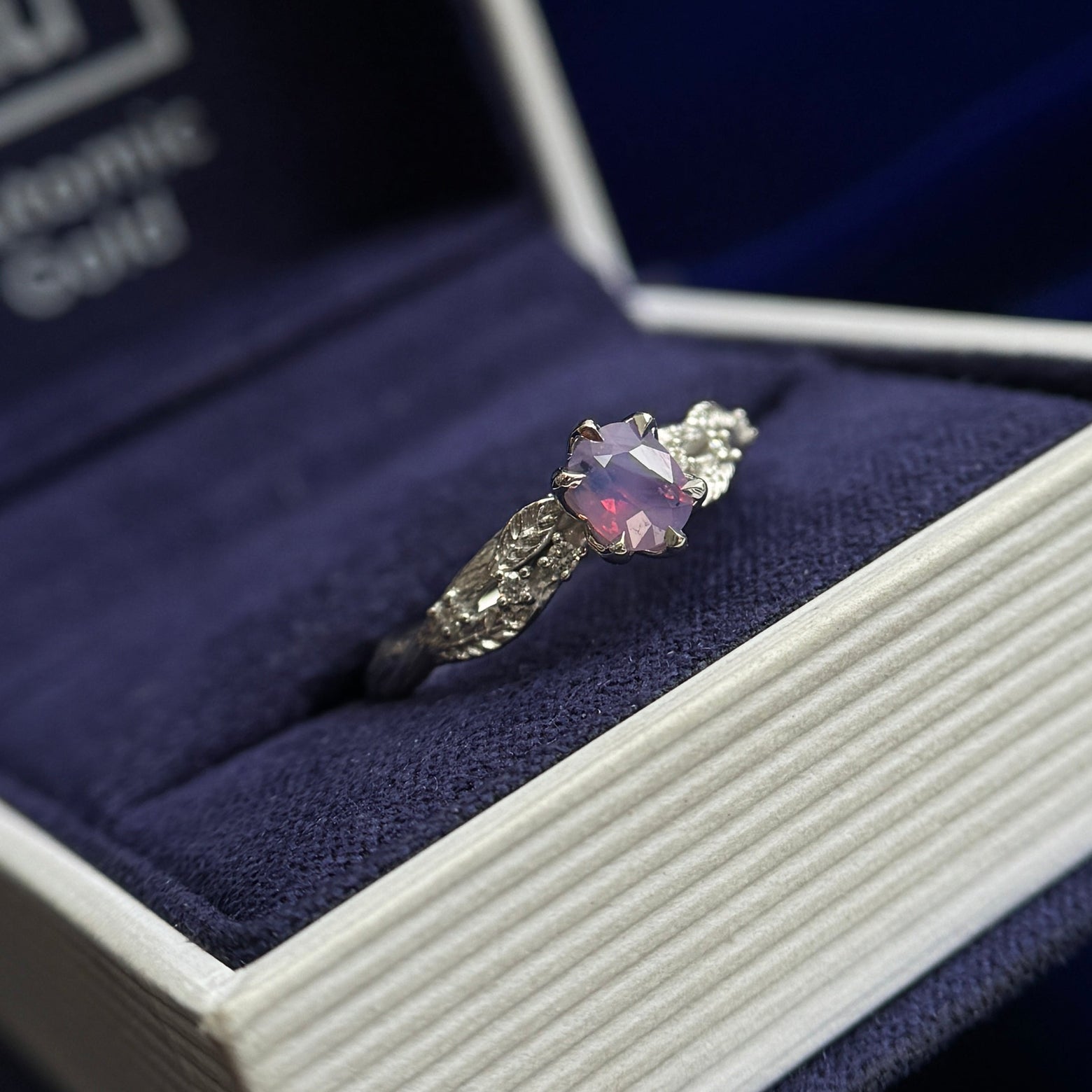 14k White Gold and 0.47ct Pink blue purple Cushion Sapphire with 6pc Diamonds on Delicate Leaves and Branches Band Custom Ring, size 5