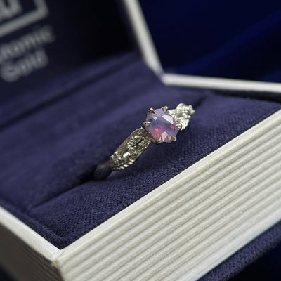 14k White Gold and 0.47ct Pink blue purple Cushion Sapphire with 6pc Diamonds on Delicate Leaves and Branches Band Custom Ring, size 5