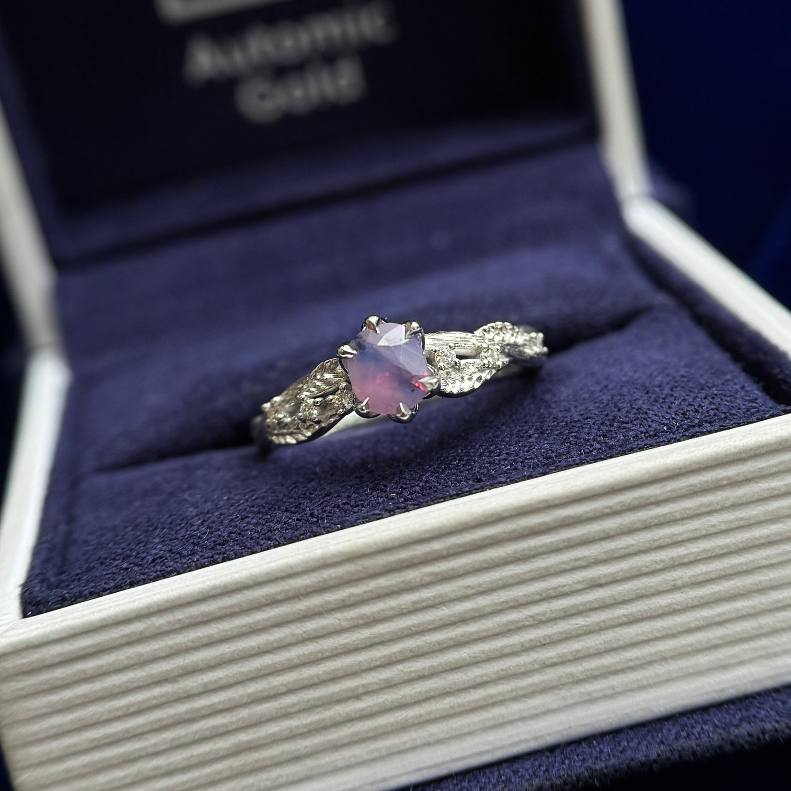 14k White Gold and 0.47ct Pink blue purple Cushion Sapphire with 6pc Diamonds on Delicate Leaves and Branches Band Custom Ring, size 5
